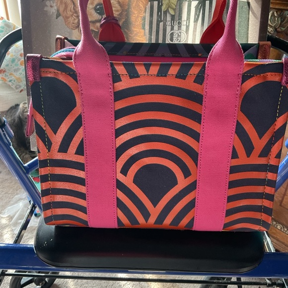 NWT Kurt Geiger Southbank Teal & Pink Patterned Canvas Tote with Orange Handles - Picture 11 of 11